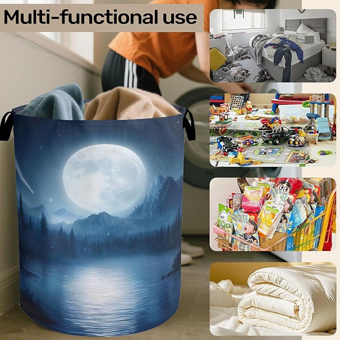 Full Moon Starry Sky Forest Laundry Basket - Heavy Duty 60L Dirty Clothes Organizer, Water Resistant Foldable Hamper for Men Women