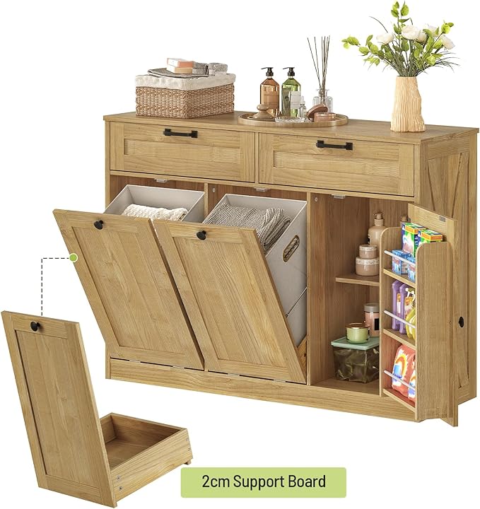 Double Tilt Out Laundry Hamper Cabinet, 43.3" Laundry Storage Cabinet with 2 Removable Baskets, Farmhouse Wooden Hidden Trash Bin Cabinet with Open Shelving, for Bathroom, Natural