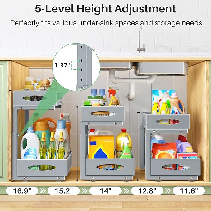 1 Pack Under Sink Organizer, 2 Tier Pull out Cabinet Organizer Mesh Baskets with 5 Adjustable Heights, Sliding Drawers Storage Shelf for Home, Kitchen, Bathroom, Pantry, Office, Countertop ,Grey