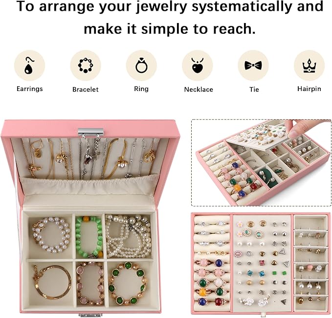 Homeanda Jewelry box 2 layer Jewelry box Leather Jewelry boxes for Women Girls Teens Jewelry organizer box Jewelry Storage box with lock(Pink)