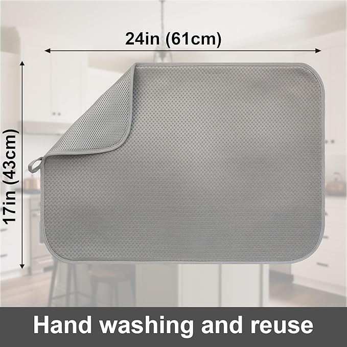 FULL BE DARE 2-Pack Light Gray Dish Drying Mats 17” x 24” – XL Kitchen Drying Mat for Counter, Super Absorbent Microfiber Dish Drying Mat, Foldable Large Dish Drying Mat, Pots, Pans – Dish Drainer Mat