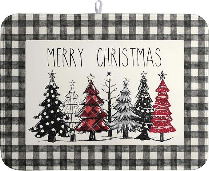 Merry Christmas Dish Drying Mat Buffalo Plaid Large Kitchen Mats Dish Drying Pad Xmas Christmas Tree Absorbent Dish Dryer Mat for Kitchen Countertops Microfiber Drainer Pad Dish Drying Mats (18x24 in)