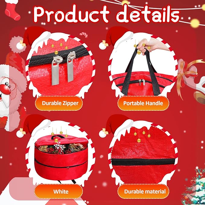 Double Layer Christmas Wreath Storage Container Bags Double Wreath Storage Container Zippered Bag with Handle Festive Storage Box Storage for Xmas Garlands, Red(2 Pcs,24 Inch)