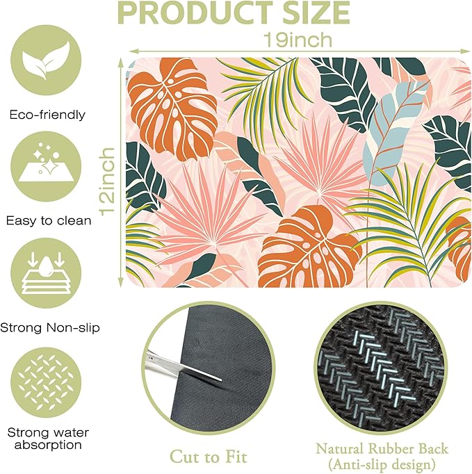 Dish Drying Mat Boho Foliage Botanical Leaves Floral Kitchen Mat 12"x19" Bsorbent Coffee Maker Mat for Dishes Utensils Coffee Maker Pots and Pans Easy Clean Dish Slip Resistant Pad
