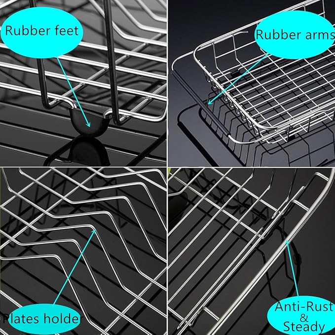 iPEGTOP Expandable Dish Drying Rack, Over The Sink Dish Rack, in Sink Or On Counter Dish Drainer with Black Utensil Holder Cutlery Tray, Rustproof Stainless Steel for Kitchen