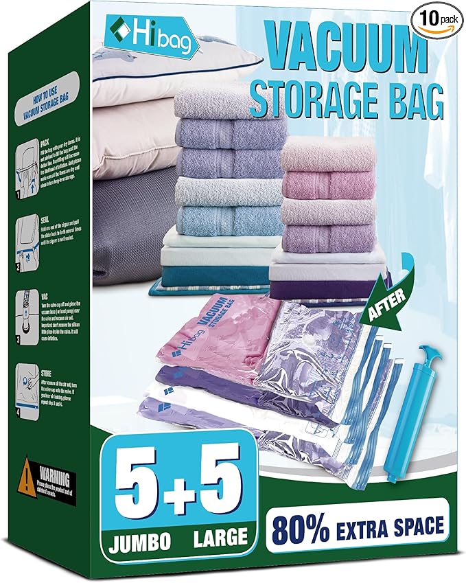 HIBAG Vacuum Storage Bags, 10 Space Saver Bags, Polyethylene (PE), Jumbo & Large Sizes, Zipper Closure, Vacuum Sealed, Ideal for Clothing & Bedding