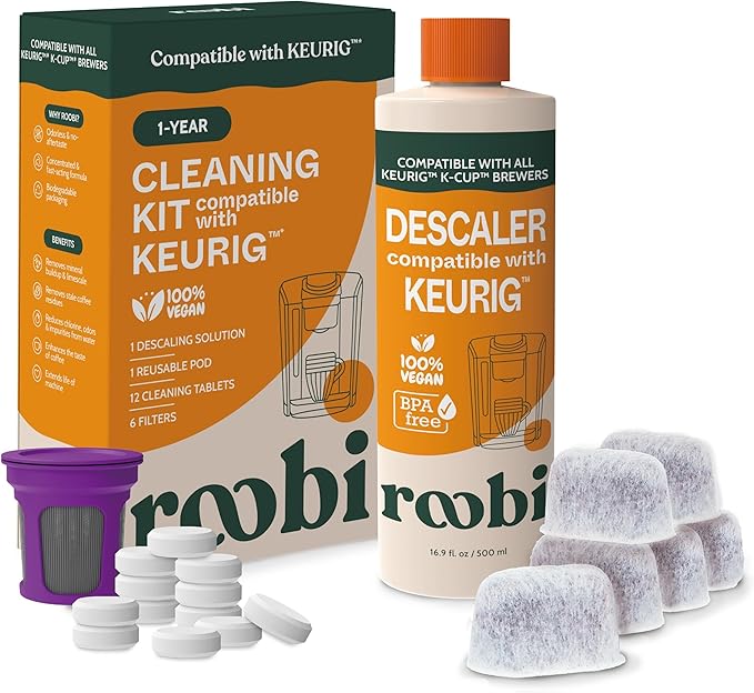 Roobi Keurig Compatible Descaling Solution & Cleaning Kit. Includes 1 Bottle of Keurig Descaler, 12 Cleaning Tablets, 1 Reusable Pod and 6 Water Filters. Carbon Neutral. 1 Year Supply.
