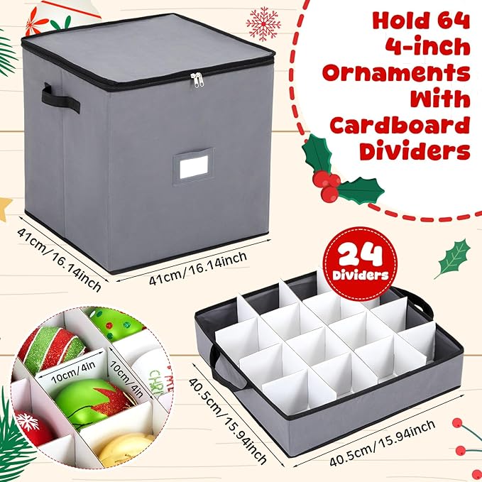 Pinkunn 64pcs 4in Christmas Ornament Storage Box with Dividers Tray Stores Holiday Ornament, Adjustable Dividers, Double Zipper, Label Slot, Two Handles Storage Container Box Keeps Xmas Decor(Grey)