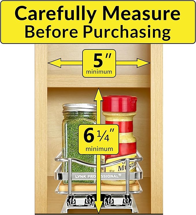 LYNK PROFESSIONAL® Élite™ Pull Out Spice Rack Organizer for Inside Kitchen Cabinets - 4-3/8 inch Wide - Slide Out Drawer – Wood/Chrome Sliding Spice Cabinet Organization Shelf Racks - 1 Tier