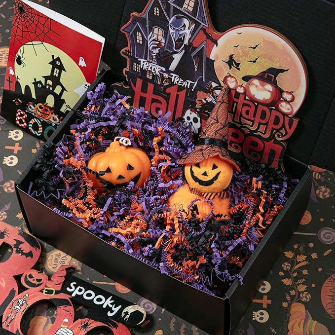 Mefleet 1 LB Halloween Crinkle Cut Paper Shred Filler Orange & Purple & Black Crinkle Shredded Paper for Boo Basket - Gift Box Bag Filler - Grass Cushion Stuffing for Halloween Wrapping
