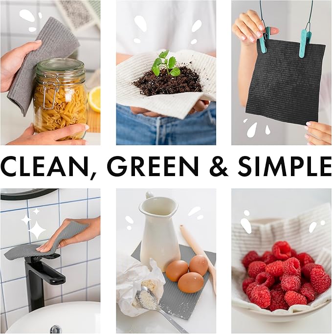 SUPERSCANDI 6 Pack Swedish Dishcloths for Kitchen - 100% Biodegradable & Compostable Reusable Paper Towels Washable, Food-Safe & Without Plastic - Dish Rags Suitable for Any Surface, Black