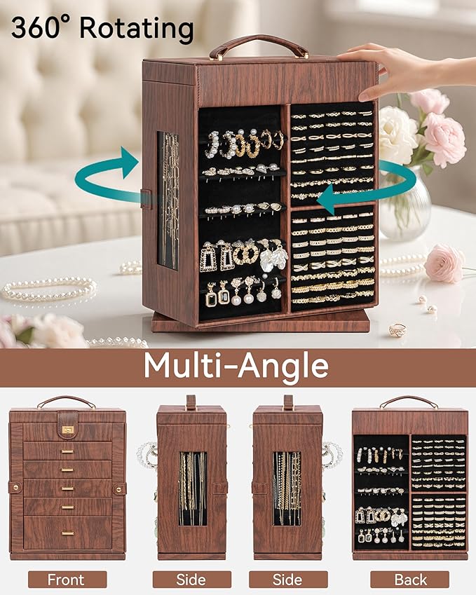 AKOZLIN 360° Rotating Jewelry Box Extra Large 6-Tier Organizer Functional Jewelry Storage Case for Women Girls Ring Necklace Earring Bracelet Holder with Mirror Red Brown