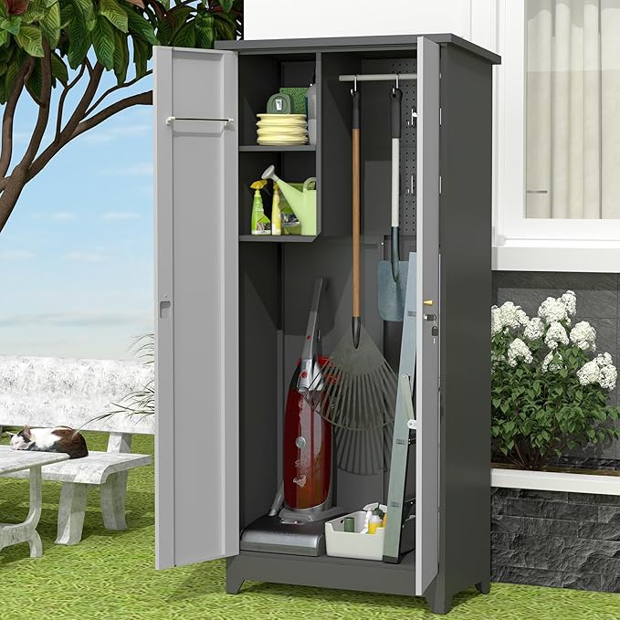 73''H Outdoor Metal Storage Cabinet, Garage Storage Cabinets with Shelves & Locking Doors, Broom Cabinets for Cleaning Supplies, Waterproof Storage Shed for Garden, Porch（15.4" D x 31.5" W ）