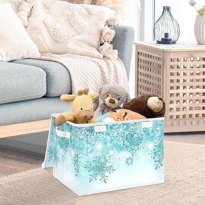Senya Collapsible Storage Bins with Lids, Silver Winter Teal Turquoise Snowflakes Christmas Storage Boxes Clothes Baskets for Organizing