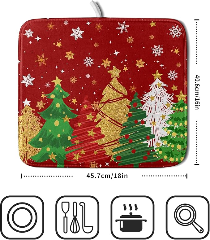 Christmas Dish Drying Mat 16 x 18 Inches Winter Red and Green Absorbent Reversible Microfiber Mats for Tree and Snowflake Pattern Dish Rack Pad Drainer Mat for Coffee Bar Decor