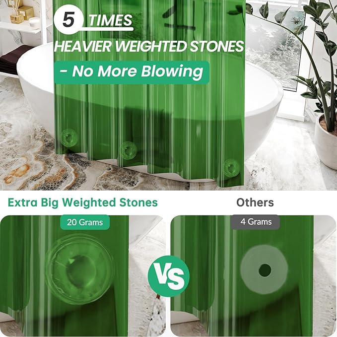 AmazerBath Premium EVA Shower Curtain Clear Pine Green, Luxury Shower Curtain Dark Green Ultra Soft, Waterproof Bathroom Curtain with 3 Weighted Stones and 12 Grommets, Recyclable Packaging
