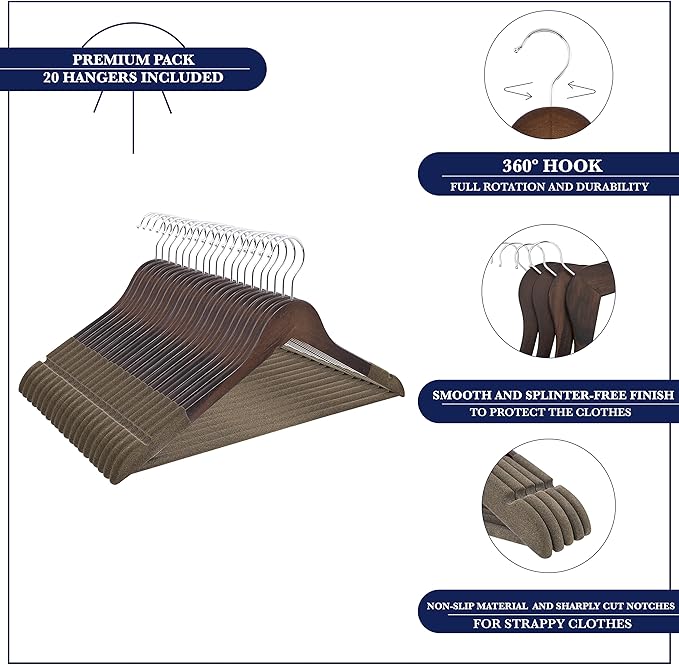 Samsarc Wooden Hangers - Non Slip Luxury Natural Lotus Wood & Velvet Suit & Pants Hangers - 360 Rotating Hooks - 20 Pack