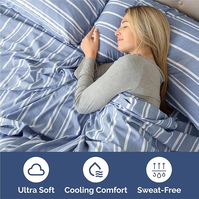 Split King 7 Piece Sheet Set - Comfy Breathable & Cooling - Soft Hotel Luxury Bedding Set w/ 8-16 Inch Deep Pockets - 1 Flat & 2 Fitted Sheet & 4 Pillowcases - Cozy and Wrinkle Free - Blue Stripes 3