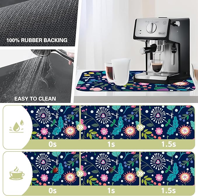 Kitchen Mat Beautiful Floral Dish Drying Mat 12"x19" Bsorbent Coffee Maker Mat for Sink Dishes or Under Rack Kitchen Counter Accessories Absorbent Hide Stain Rubber Backed Dish Drying Pad
