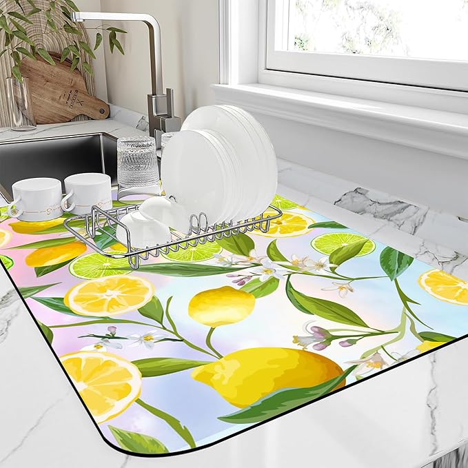 Abstract Yellow Lemons Dish Drying Mat Green Lemon Leaves Kitchen Mat 16"x24" Bsorbent Coffee Maker Mat for Dishes Utensils Coffee Maker Pots and Pans Easy Clean Dish Slip Resistant Pad