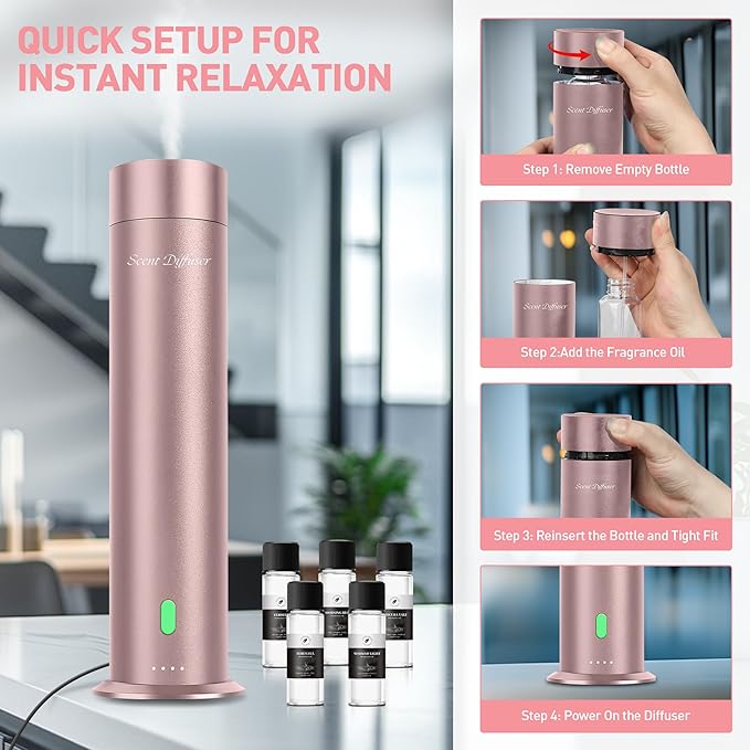 Waterless Scent Diffuser Starter Kit - 1000 Sq Ft Coverage, Hotel Scent Diffuser, Essential Oil Diffuser Large Room, Included 5 Scent Oils, Remote Control, Rosepink