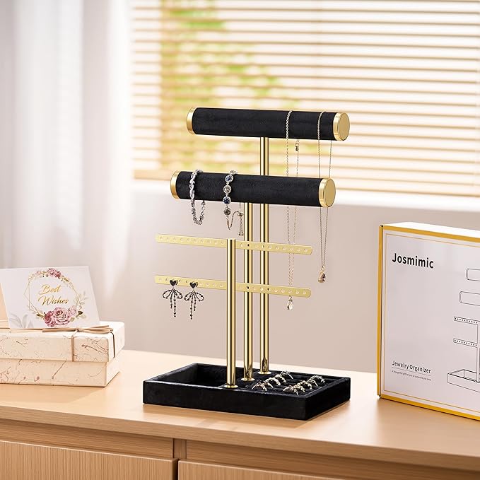 Josmimic Bracelet Holder Jewelry Organizer Display - 3 Tier T Bar Velvet Stand, Black Jewelry Storage for Bracelet, Necklaces, Earrings, Rings, Watches