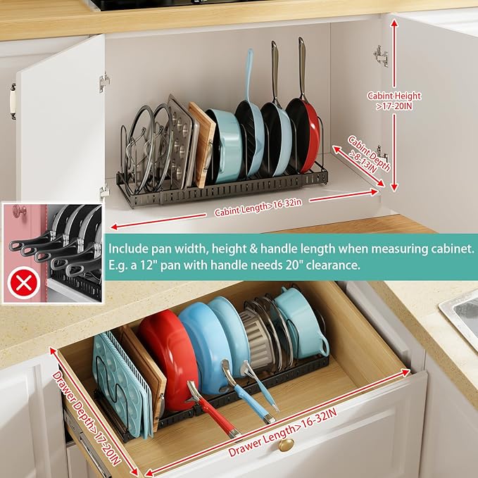 X-cosrack 15 Adjustable Dividers Pot and Pan Organizer Rack, 7" D x 32" W x 7.1" H, 3 in 1, Expandable Lid Bakeware Cupboard Rack Holder for Kitchen Cabinet Pantry Countertop, Black (Patent Pending)