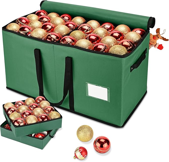 Christmas Ornament Storage Box, Ornament Storage Organizer Fits 128 of 3 inch Ornament Balls, 8 Removable Tray Ornaments Storage Containers with Dividers to Store Xmas Holiday Decor(Green)
