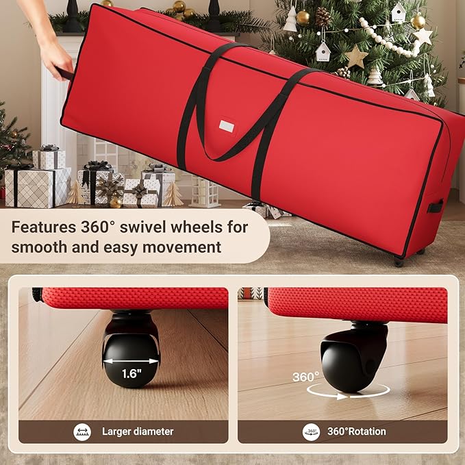 ELYKEN Christmas Tree Storage Bag with Wheels, Rolling Storage Bag for Artificial Christmas Tree and Decorations, Heavy Duty 600D Oxford Fabric, Length-Adjustable Handles, 16x20x64in, Red