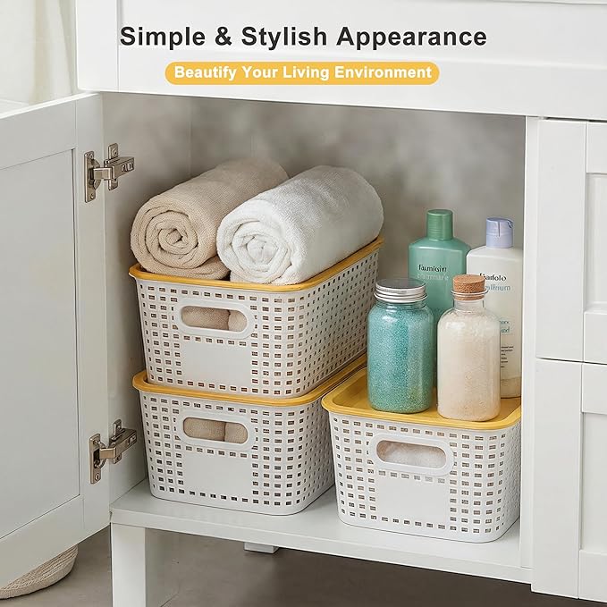 AREYZIN Small Plastic Storage Bins with Lids, 6-Pack Stackable Pantry Organizers and Storage Containers for Shelves, Closet Organization, Drawer Organizer Bins,White & yellow lids