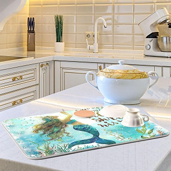 Mermaid Aqua Dish Drying Mat for Kitchen Countertop 16x18 Nautical Theme Ocean Turquoise Blue Small Drying Mat Reusable Quick Dry Dish Sink Mats Easy Clean Decorative Essentials