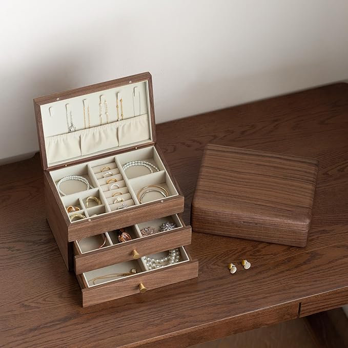 YESWOOD Jewelry Box Organizer, North America Black Walnut Wood Jewelry Boxes with 3 Drawers for Women for Storage & Display of Necklaces, Rings, Earrings, and Bracelets