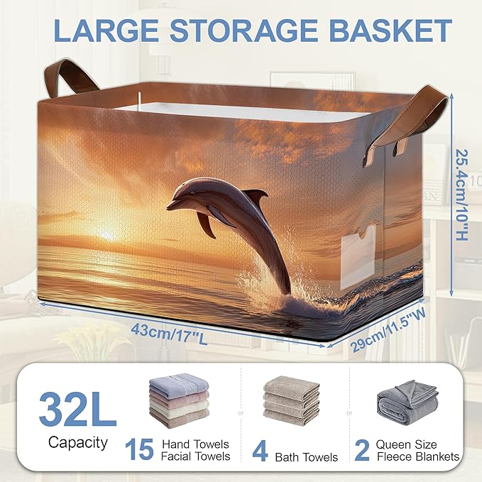 Dolphin Ocean Storage Basket,Sunset Collapsible Storage Bin Cubes for Living Room Bedroom Blankets Home Storage 17x11.5x10Inch