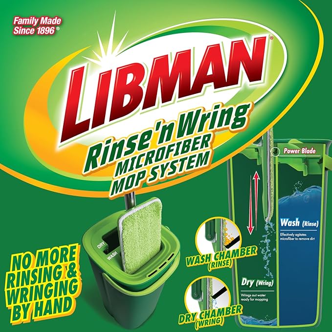 Libman Rinse 'n Wring Mop and Bucket System | Microfiber Floor Mop | Hardwood Floor Cleaner | Wet & Dry Mop | Clean & Dirty Water Chambers | Power Blades | 4 Total Microfiber Pads