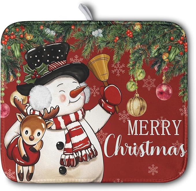 Kwlegh Christmas Dish Drying Mats for Kitchen Counter 16x18 Cute Snowman Red Dish Drying Pad for Dishes Winter Xmas Holiday Dish Draining Mat Absorbent Microfiber Dish Drainer Rack Mats