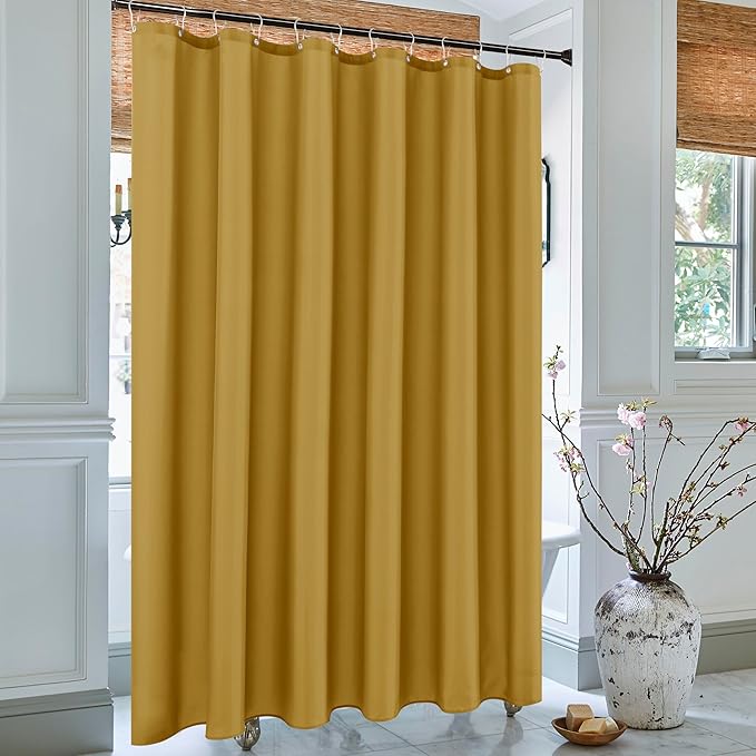Biscaynebay Hotel Quality Extra Long Fabric Shower Liners 72" Width by 84" Length, Gold Water Resistant Bathroom Curtains Rust Resistant Grommets & Weighted Bottom Hem Machine Washable