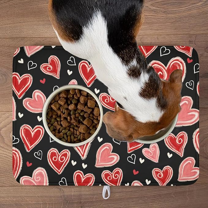 Valentines Day Dish Drying Mat for Kitchen Counter 24x18 Inch Black Red Heart Drying Mat with Absorbent Reversible Microfiber Love Dish Drainer Mats Rack Pad for Coffee Countertop Protector