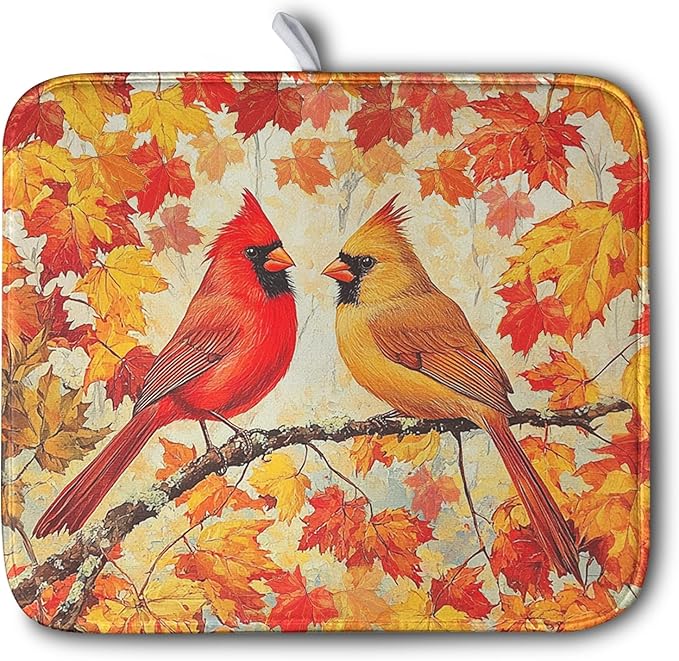 Kwlegh Fall Dish Drying Mats for Kitchen Counter Maple Leaf Cardinal Birds Dish Draining Mat 16x18 Inch Autumn Thanksgiving Dish Rack Mat Microfiber Absorbent Dish Drainer Pad
