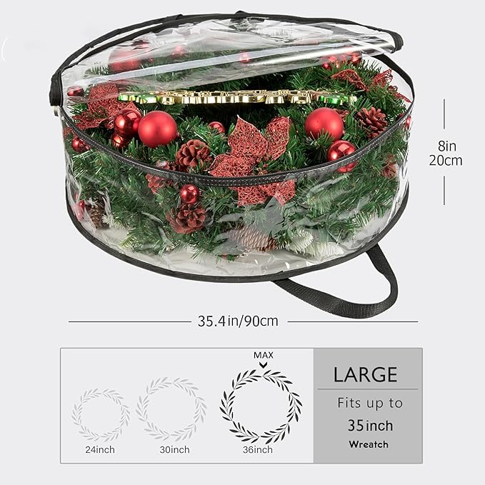 CINPIUK Clear Wreath Storage Bag 35 Inch Christmas Wreath Storage Container, Heavy Duty Wreath Protector with Handle for Holiday Seasonal Wreath Garland