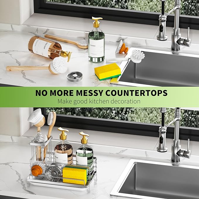Cisily Stainless Steel Kitchen Sink Caddy Organizer, Sponge Holder for Sink Rustproof, Non-Slip Soap Dish Dispenser Brush Holder Storage, Home & Kitchen Essentials Accessories (Stainless Steel)