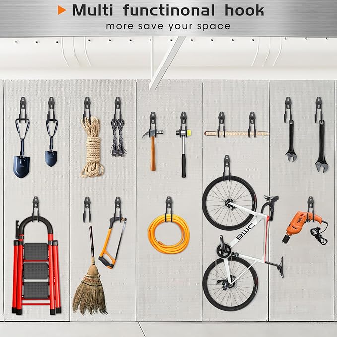 Garage Hanging Hooks Wall Mount, Garage Tool Storage Hooks, Wall Hangers for Hose, Tools, Garden Equipment, Ladder, Bikes, Broom and mop, Black