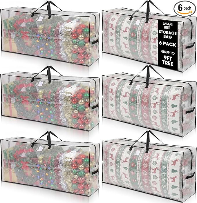 6 Pack Extra Large Christmas Tree Storage Bag 9 ft Artificial Tree, 126gallon Heavy Duty Moving Bag 65" Waterproof Clear Oversized Box with Handle Label Pocket for Camping College (Black)