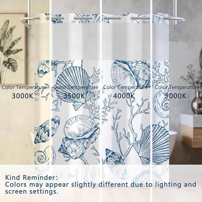 Waterproof Sea Themed Shower Curtain, No-Hook Design with Snap-in Fabric Shower Curtain Liner, Weighted Bottom and Vent Window, Blue Coral Pattern Shower Curtains, 71x74 Inches