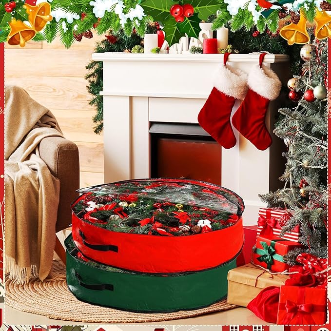 Aliceset 4 Pack Wreath Storage Containers, Christmas Ornament Garland Wreath Storage Bags with Handle Dual Zipper Large Decorative Storages Box for Winter Wreaths(30 x 30 x 7.8 Inch,Red, Green)
