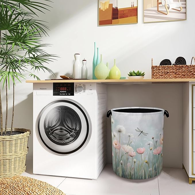 Dragonfly Laundry Hamper,Dandelion Flower Dirty Clothes Laundry Basket with Handles Waterproof Oxford Cloth Storage Basket for College Dorms Bathroom Bedroom 16" x 20.8"