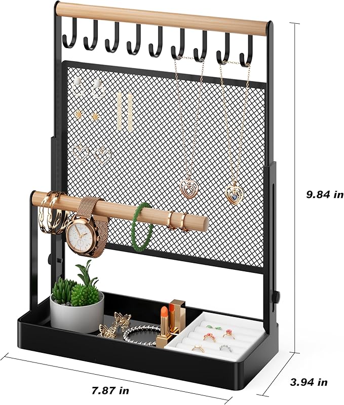 IOAIANIA Jewelry Organizer Stand with Velvet Ring Holder, Liftable Necklace Holder with Earring Organizer Net, 9 Hooks Necklaces Storage Wooden Handing Bar for Bracelets Watches Rings (Black)