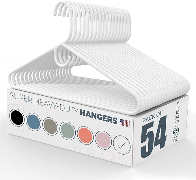 Neaties Super Heavy Duty Clothes Hangers 50 Pack (54 Count) – Made in The USA - 10lb Capacity, Thick Plastic Hangers for Pants, Coats, Jackets, Jeans and Adult Clothing – White