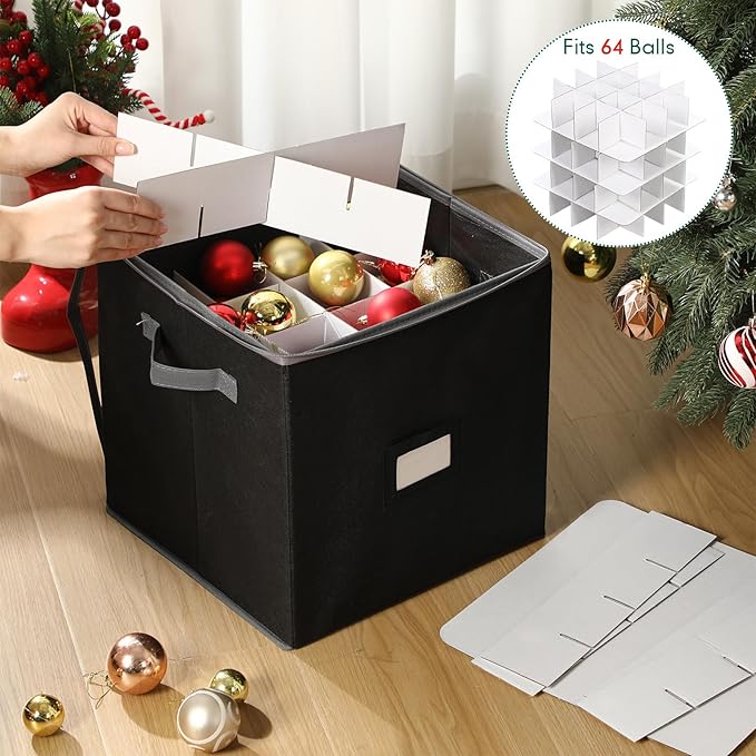 CHENGU 2-pack Christmas Ornament Storage Stores up to 64 Christmas Ball Accessories Holder with Adjustable Dividers, Zippered Closure Two Handles for Holiday Ornaments and Xmas Decorations(Black)