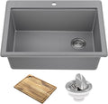 KRAUS Bellucci 28-inch Granite Workstation Drop In Top Mount Single Bowl Kitchen Sink in Metallic Grey with Accessories, KGTW12-28MGR