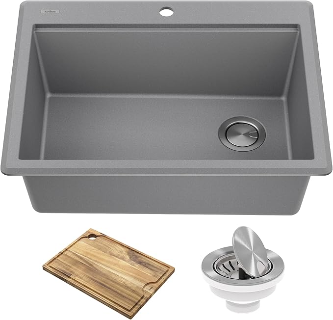 KRAUS Bellucci 28-inch Granite Workstation Drop In Top Mount Single Bowl Kitchen Sink in Metallic Grey with Accessories, KGTW12-28MGR